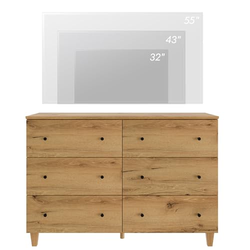WAMPAT TV Stand with 6 Drawers for 55 Inches TVs & 1 End Table with 2 Drawers and Charging Station for Bedroom, 2 Pieces Modern Wood Living Room Funiture Table Sets, Oak Brown