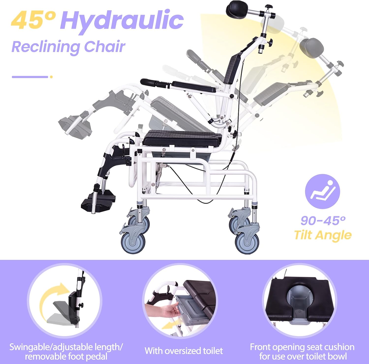 Reclining Shower Chair, Medical Shower Chair with Arms and Back Hospital Toilet Chair, Potty Chair for Adults Bathroom Wheelchairs with Soft Seat Cushions and Safety Belts
