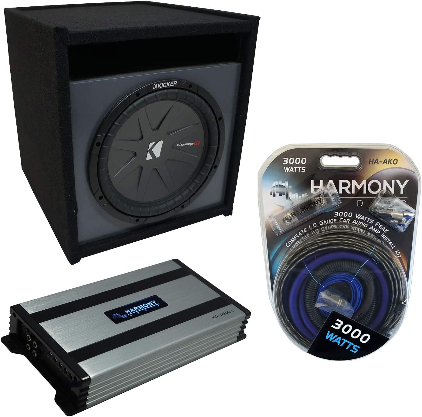 Universal Car Stereo Paintable Ported 10 Kicker Bundle CompR CWR10 Sub Box Enclosure & Harmony HA-A800.1 Amp