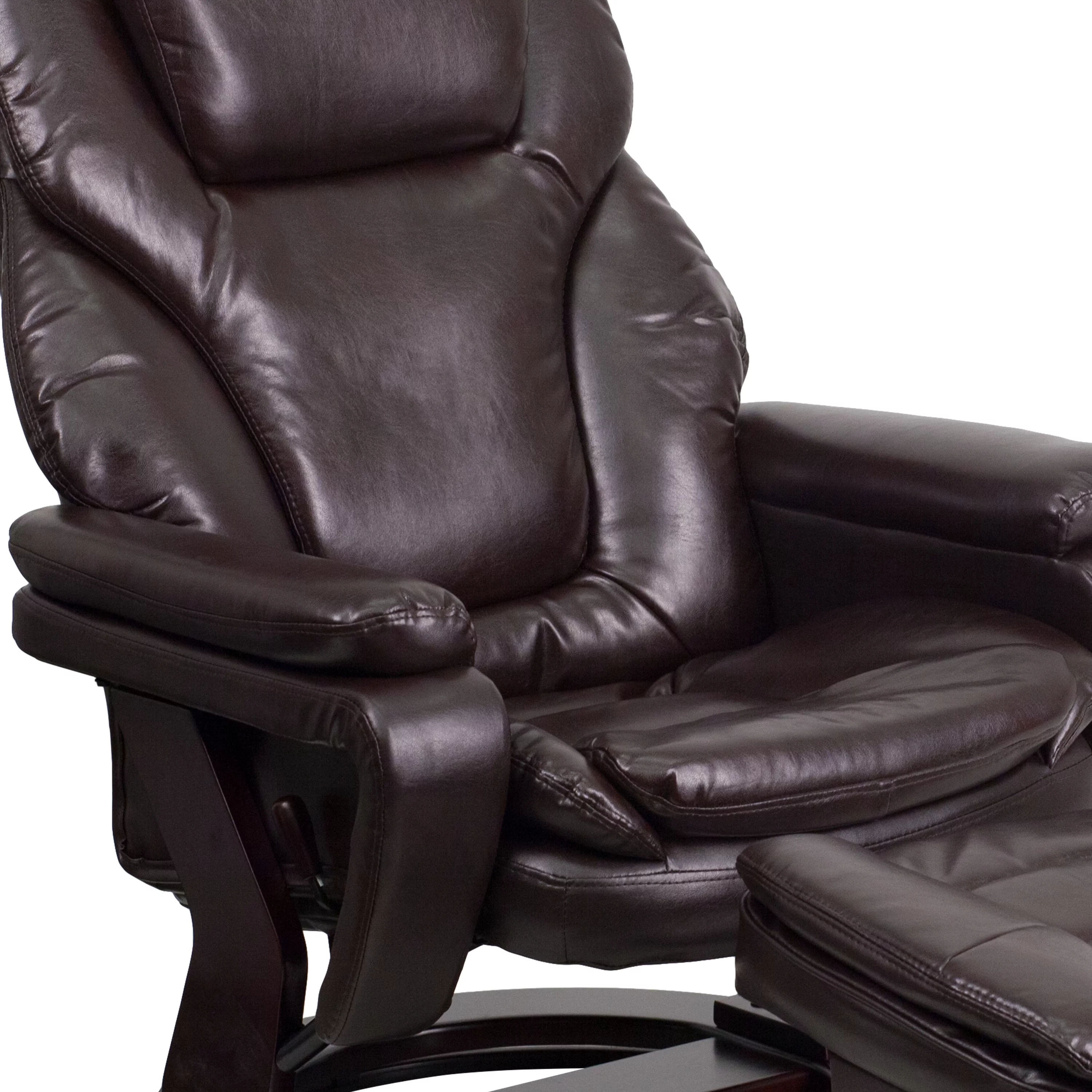 BizChair Contemporary Multi-Position Recliner and Ottoman with Swivel Mahogany Wood Base in Brown LeatherSoft