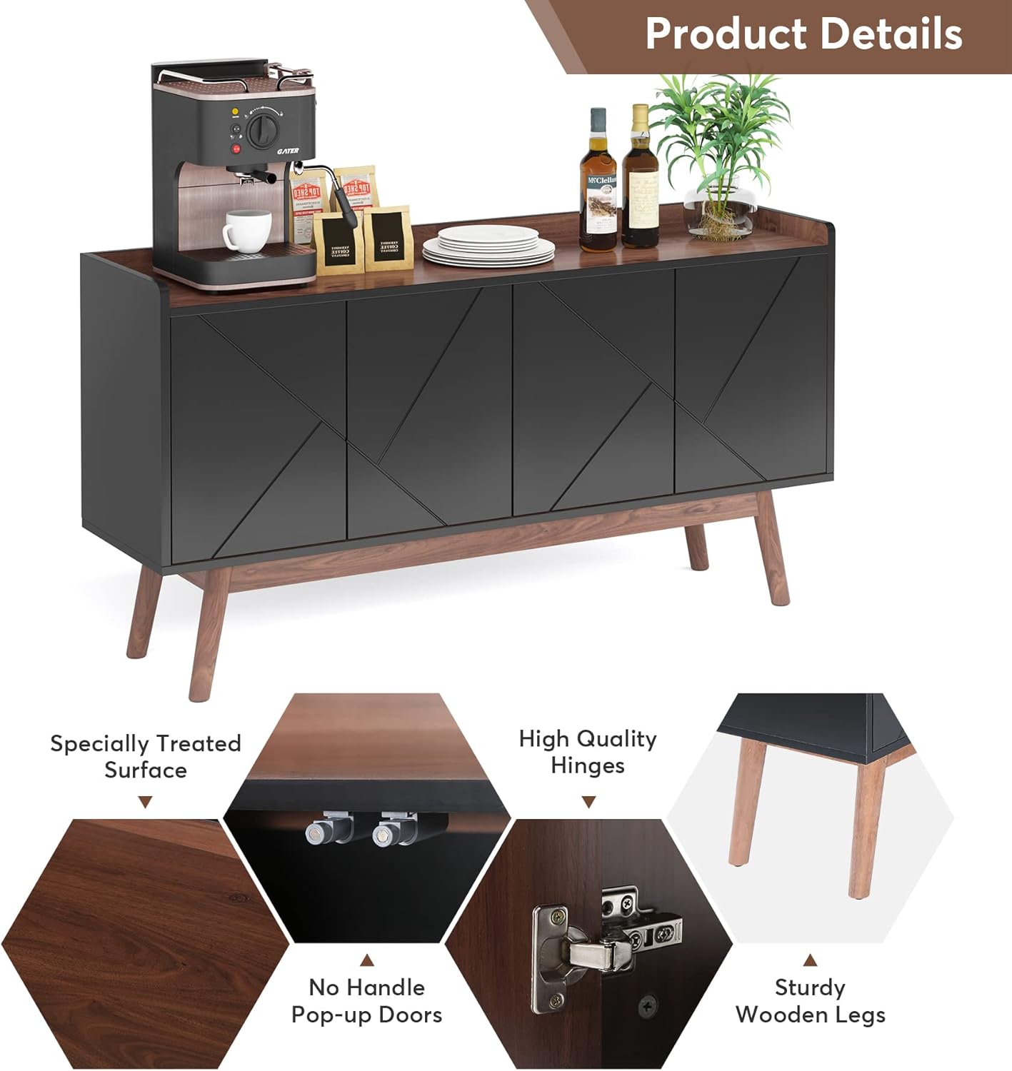 Tribesigns Sideboard Buffet Cabinet with Storage 55" Kitchen Sideboard Cabinet, Wood Coffee Bar Cabinet with Doors, Accent Sideboard Cabinet, Console Table Cabinet for Dining Room Living Room, Black