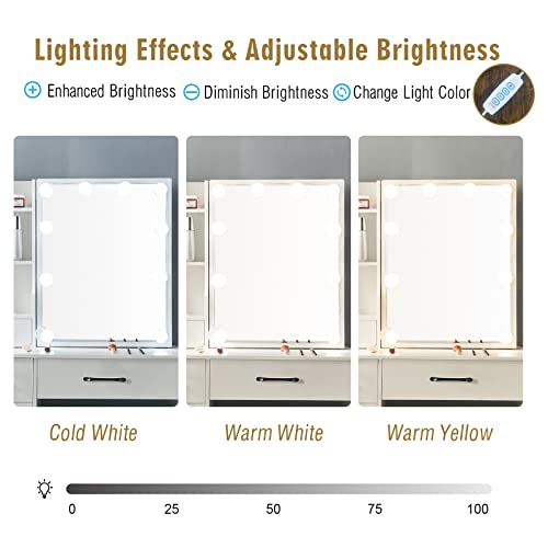 White Vanity Desk with Makeup Mirror and 10 Lights, 3 Color Mode Dimmable Sliding Lighted Mirror, 6 Large Drawers and 3 Level Storage Shelves, Bedroom Dressing Table Upholsterted Stool