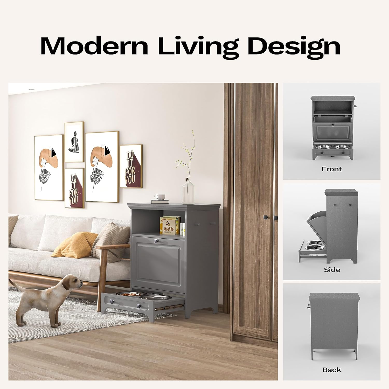 Roomfitters Modern Dog Feeder Station Furniture with 2 Raised Dog Bowls, Dog Food Storage Container, Pull Out Pet Food Cabinet, Dark Gray