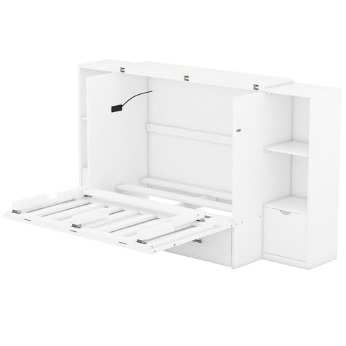 Full Size Murphy Wall Bed With Storage and Bookcase Headboard, Solid Wood Cabinets With Shelves, Drawers and USB Ports, Multi-Function Platform for Home Office, Guest Room - White