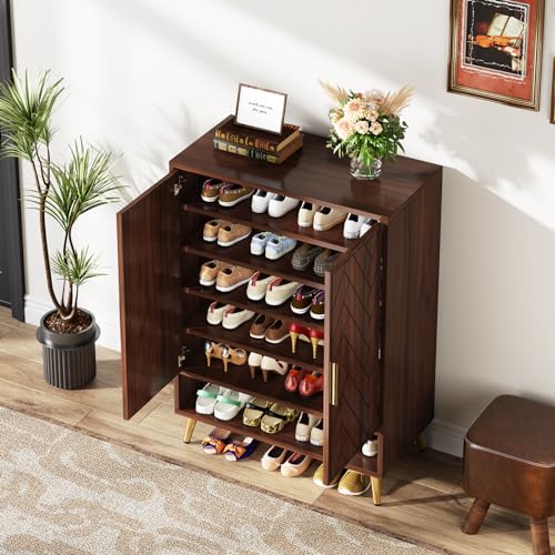 Tribesigns Walnut Shoe Cabinet with Doors, 6-Tier 24 Pairs Shoe Storage Cabinet for Entryway (Brown)