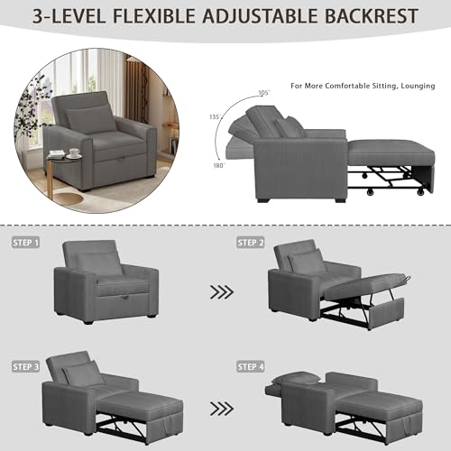 Sleeper Chair, 3 in 1 Convertible Sofa Bed, Adjustable Pull Out Sofa Bed with Throw Pillow, Modern Soft Corduroy Fabric Sofa Sleeper for Single, Living Room, Dorm, Office, Bedroom (Beige)