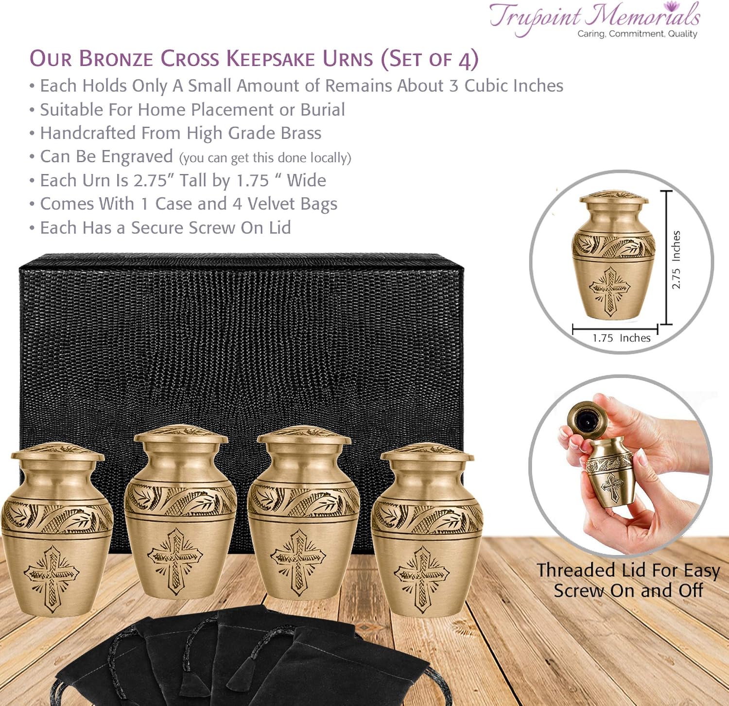 Trupoint Memorials Cremation Urns for Adult - Holds 0.75 Lbs. Per Mini Urn, 2.75" x 1.75" Mini Cremation Urns, Keepsake Burial Urns with Case & Bags - Cross Bronze.