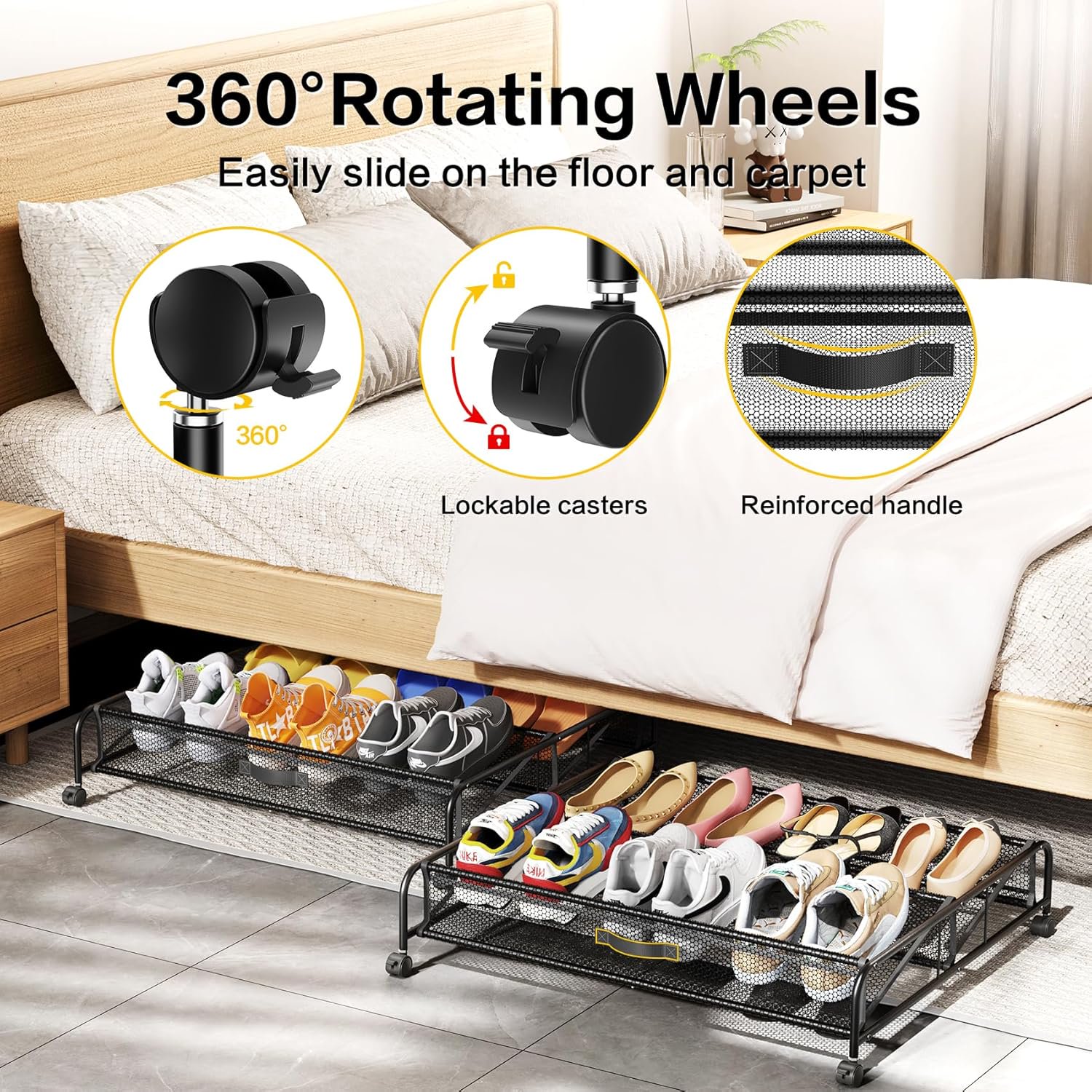 Under Bed Shoe Storage Organizer, 2 Pack Under Bed Storage Containers with Wheels for Under Bed Shoe Organizer Drawer Space Saving for Bedroom