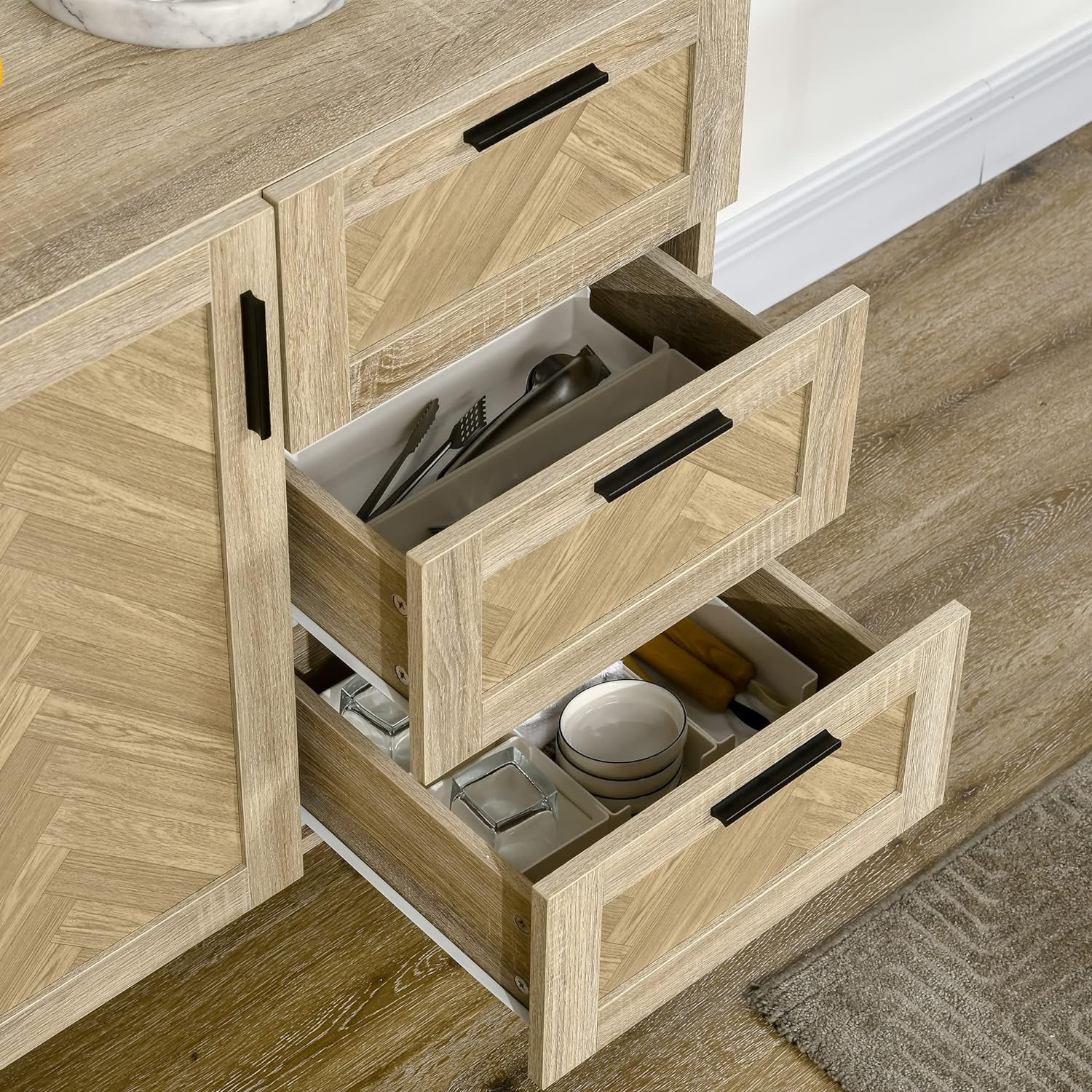 Coffee Bar Cabinet, Sideboard with Drawers and Adjustable Shelves for Living Room, Kitchen, Oak