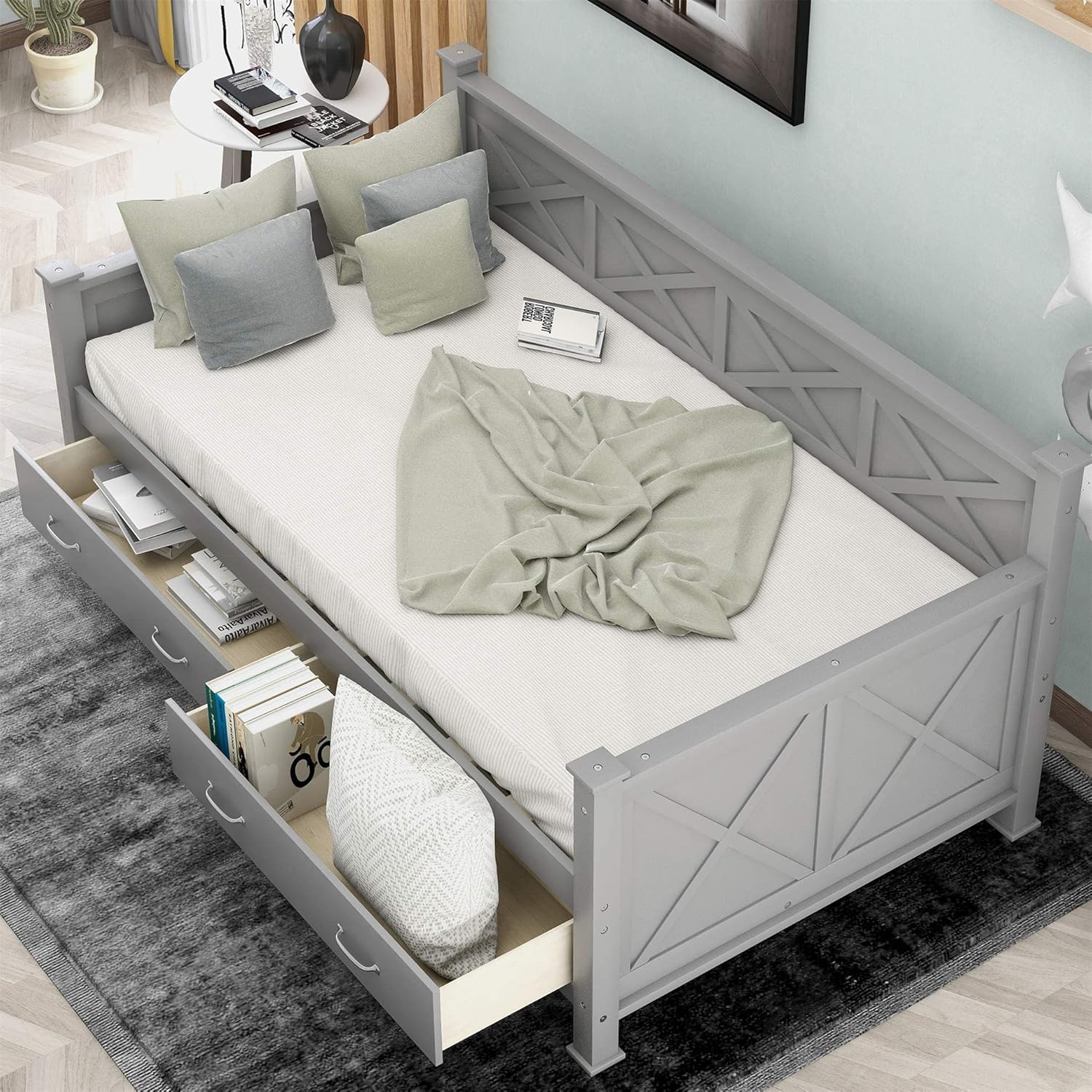 Twin Size Daybed with 2 Large Drawers, Wooden Daybed with X-Shaped Frame, Modern and Rustic Casual Style Daybed (White)