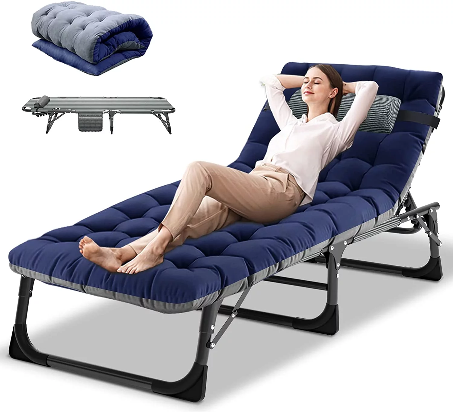 Slsy 4-Fold Folding Camping Cot with 2 Sided Mattress & Pillow, Adjustable 4-Position Folding Lounge Chair, Portable Sleeping Cots Bed