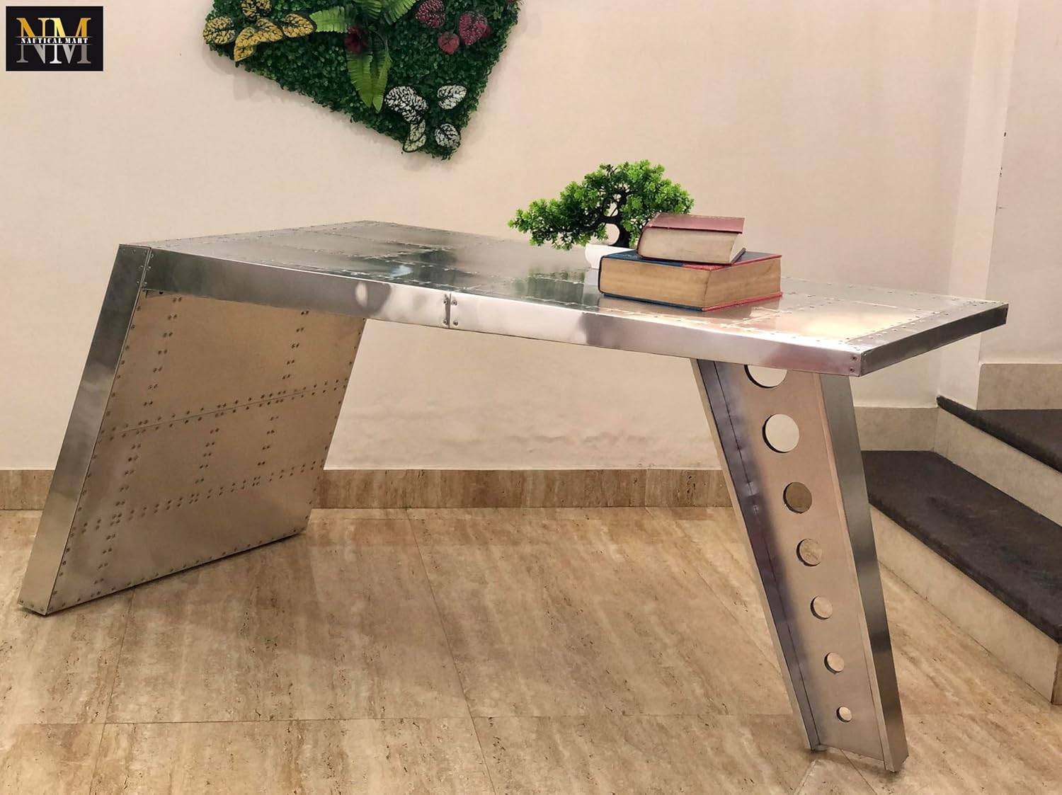 NauticalMart Airfoil Desk Aluminum | Aviator Wing Desk Industrial Airplane Desk Furniture Silver Aviation Furniture