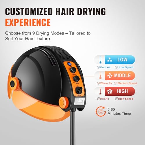 VEVOR Hooded Hair Dryer with Variable Speed & Temperature Adjustment, 1875W Ionic Bonnet Hair Dryer, Sit Under Hair Dryer with Timer, Standing Hair Dryer for Beauty Salon Home Spa