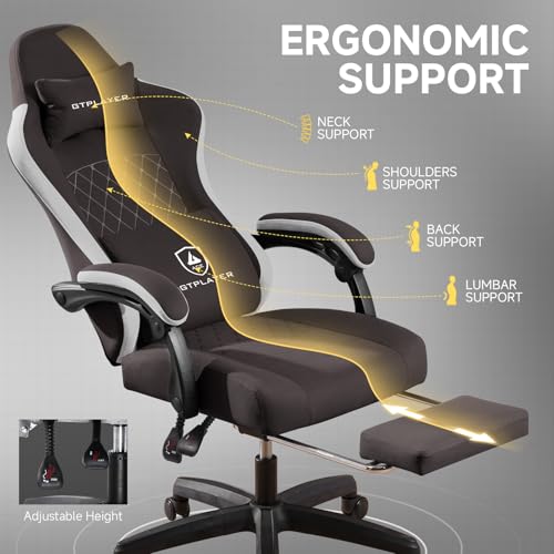 GTPLAYER Office Chair, Gaming Computer Desk Fabric Chair with Footrest, High Back Ergonomic Office Chair with Pocket Spring Lumbar Support and Linkage Armrests Adjustable Height Swivel for Home Task