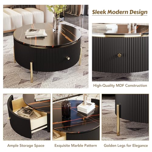 Modern Round Lift-top Nesting Coffee Tables with 2 Drawers for Living Room White & Natural