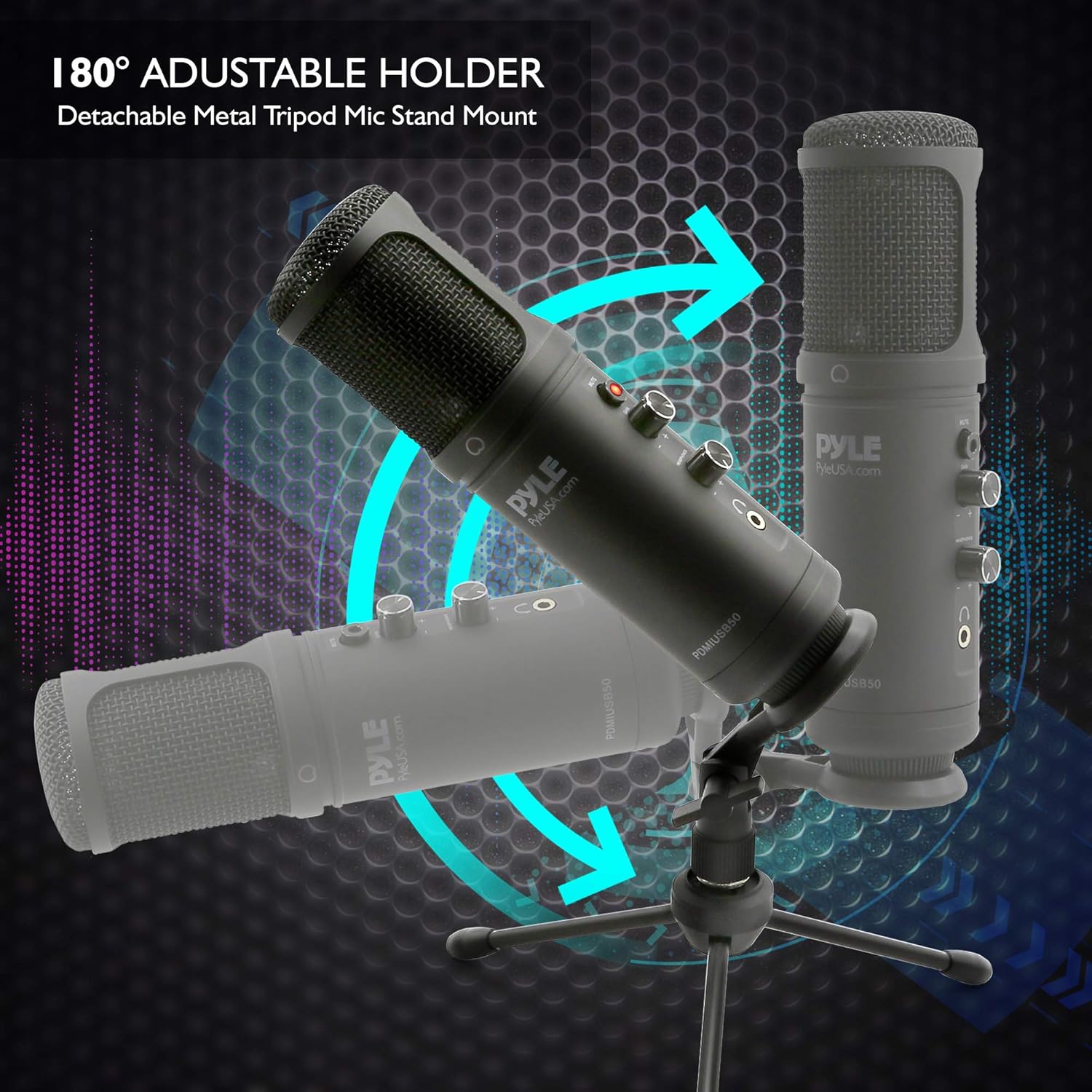 USB PC Recording Condenser Microphone - Blue LED, Adjustable Gain, Headphone Jack, Mute Control, Tripod Stand - Portable Pro Audio Condenser Desk Mic for Podcast Streaming Gaming - Pyle PDMIUSB50 Pack of 2