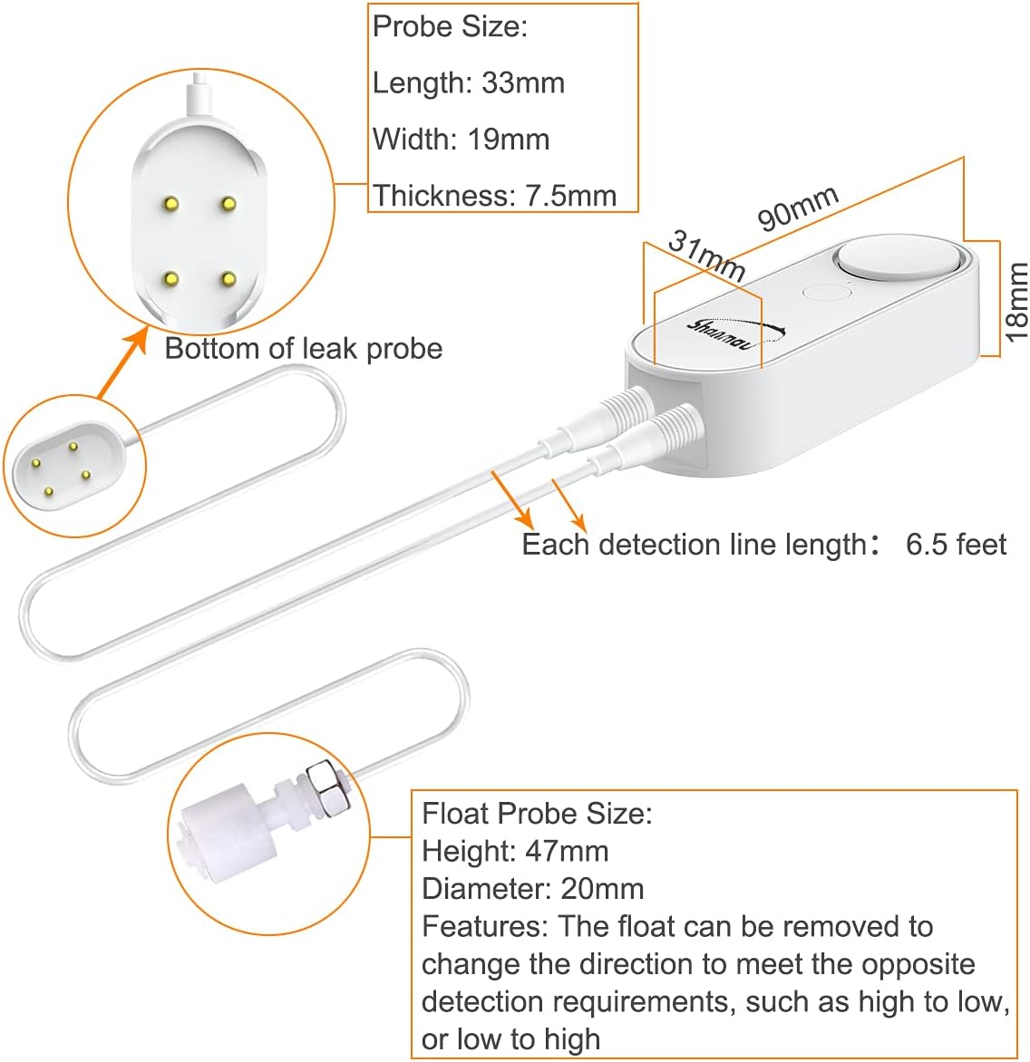 Water Level Detector WiFi, Smart Water Leak Sensor Alarm Kit - High/Low/Leakage Sensor Device, 2 Sensors & 1 Hub, Communication Distance Between Detector and Hub in Open Area is 328 Ft, App Free
