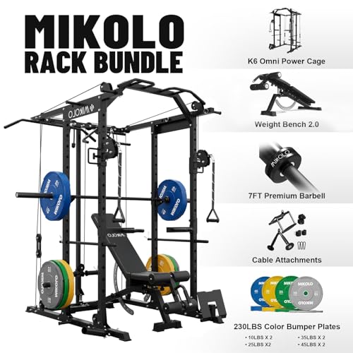 Mikolo Power Cage, Power Rack with Cable Crossover System, 1500LBS Squat Rack with LAT Pull Down System, Workout Cage with Pulley System for Fitness Home Gym