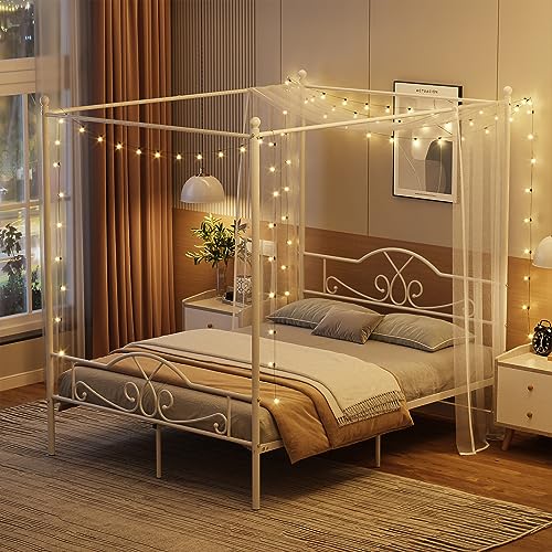 Weehom Full Canopy Bed Frame with Headboard and Footboard, Four-Poster Metal Canopied Platform Bed Mattress Foundation Underbed Storage Space No Box Spring Needed for Girls Adults Pink