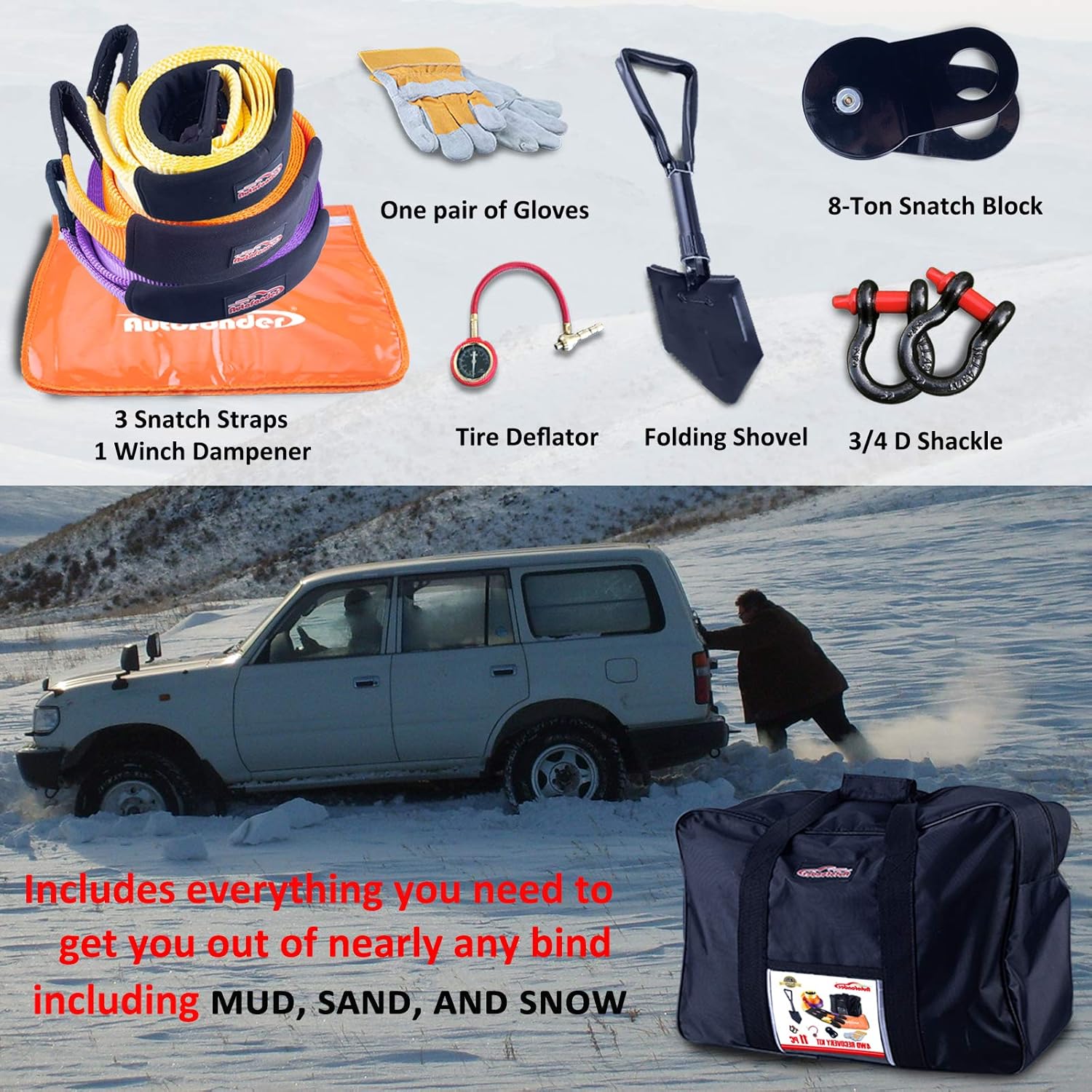 Autofonder Heavy Duty Tow Strap 12T Recovery Kit: 4WD Tow Strap + 3/4 Bow Shackle (2pcs) + Storage Bag (20ft)