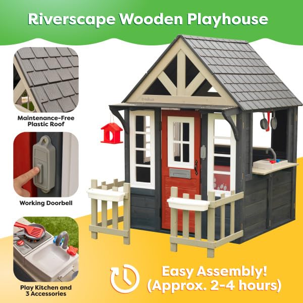 KidKraft Riverscape Wooden Playhouse with Working Doorbell, Fence, Kitchen and Pet Door