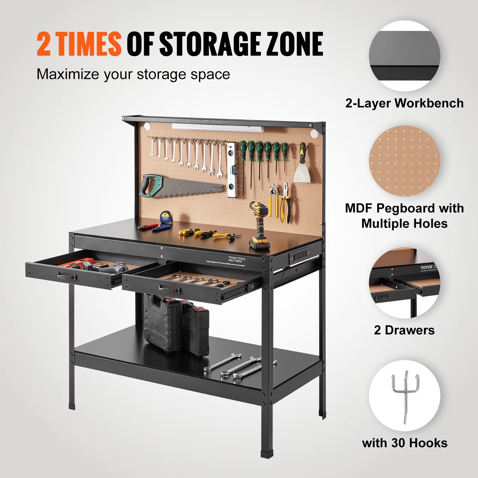 BENTISM Multifunctional Workbench 48x24" with Pegboard Worktable w/ Power Outlets, A3 Steel Work Bench For Garage max. 1500W Heavy Duty Workbench 220lbs Weight Capacity