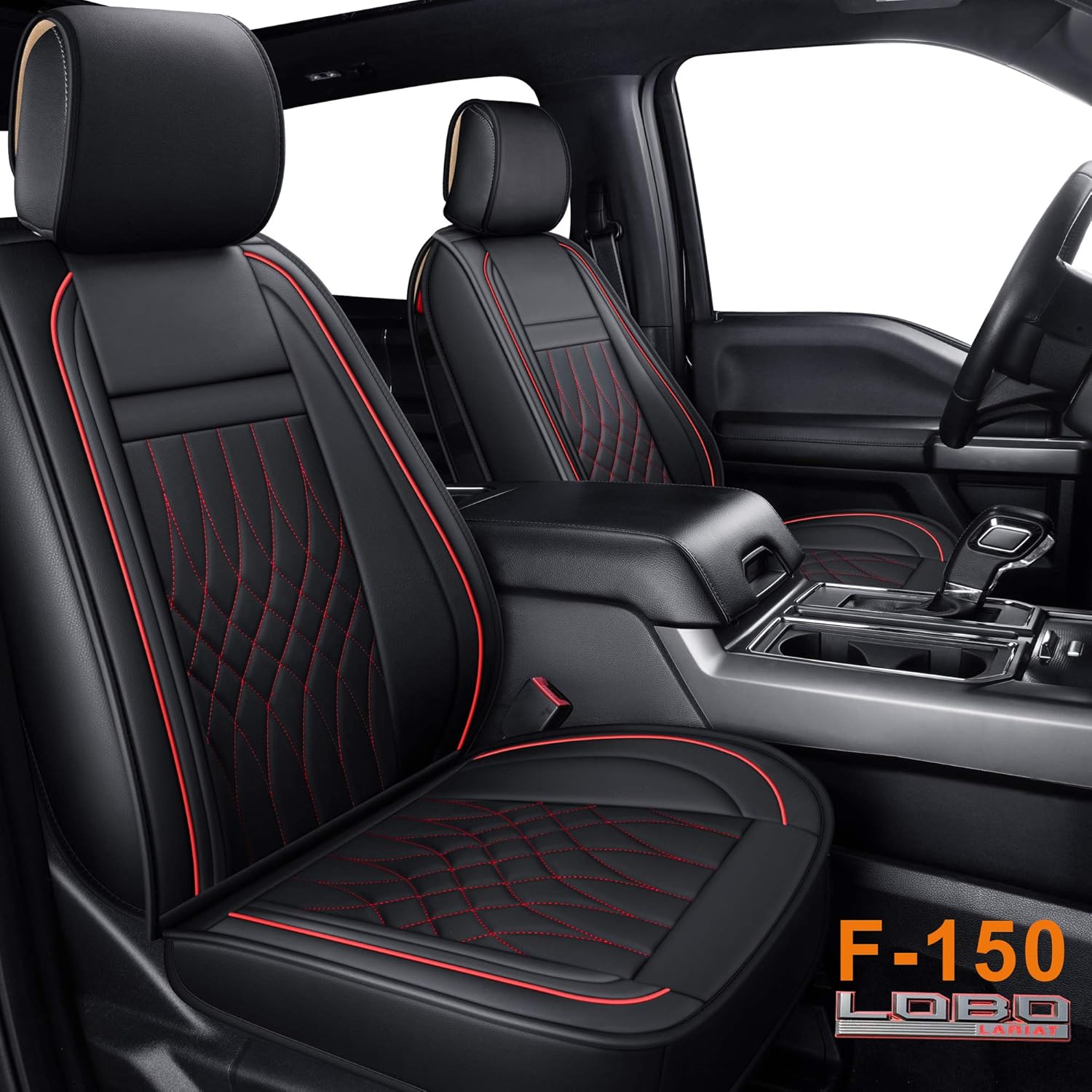 Front and Back Seat Covers fit for F-150 F150 Crew Cab from 2015 to 2020 and fit for F250 F350 F450 Crew Cab from 2017 to 2020 with Faux Leather (Black & Red Full Set)