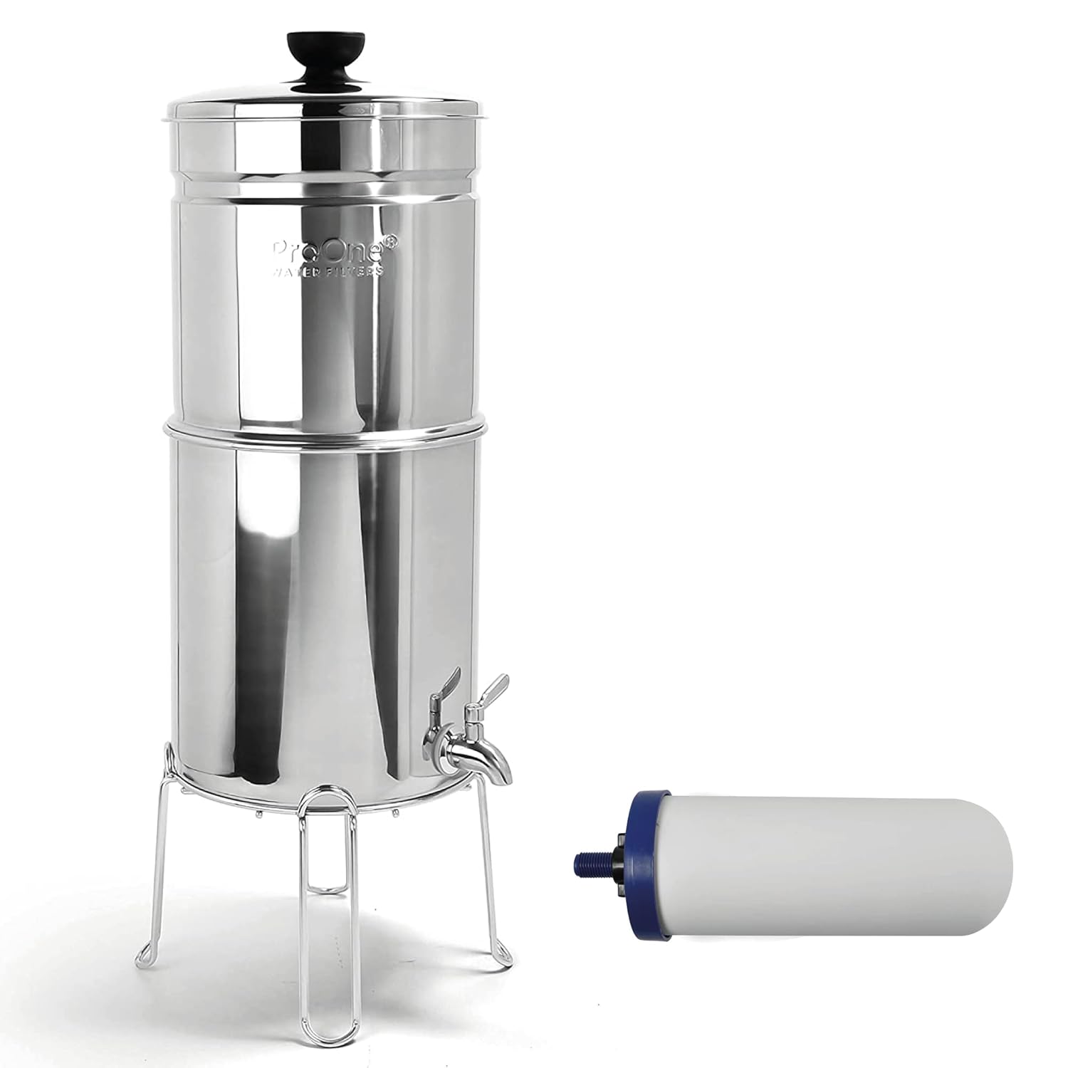 ProOne Big+ Stainless-Steel Gravity Water Filter System, 3-Gallon Water Capacity, Countertop Water Dispenser for Home, Camping, and Travel w/ (2) 7-inch Filter & Wire Stand