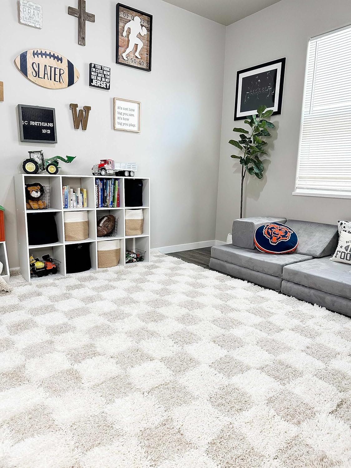 Hauteloom Atira Contemporary Checkered Fluffy Shag Area Rug - Modern Geometric Carpet Tiles for Living Room, Kids Room, Nursery - Plush Pile - Beige, Cream, White - 6'7" x 9'6"