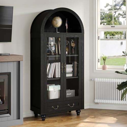 71" Farmhouse Tall Arched Storage Cabinet, Freestanding Cabinet Display Case with Glass Doors, Arched Storage Cabinet for Kitchen Pantry, Dining Room, Bookcase