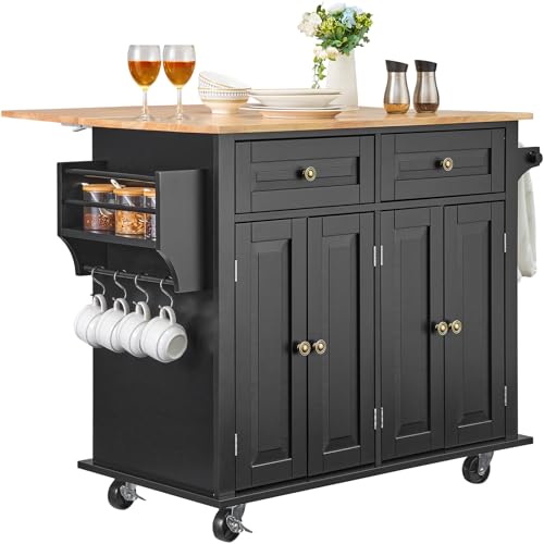VEVOR Kitchen Island Cart with Solid Wood Top, 35.4" Width Mobile Carts with Storage Cabinet, Rolling Kitchen Table with Spice Rack, Towel Rack, and Drawer, Portable Islands on Wheels, White