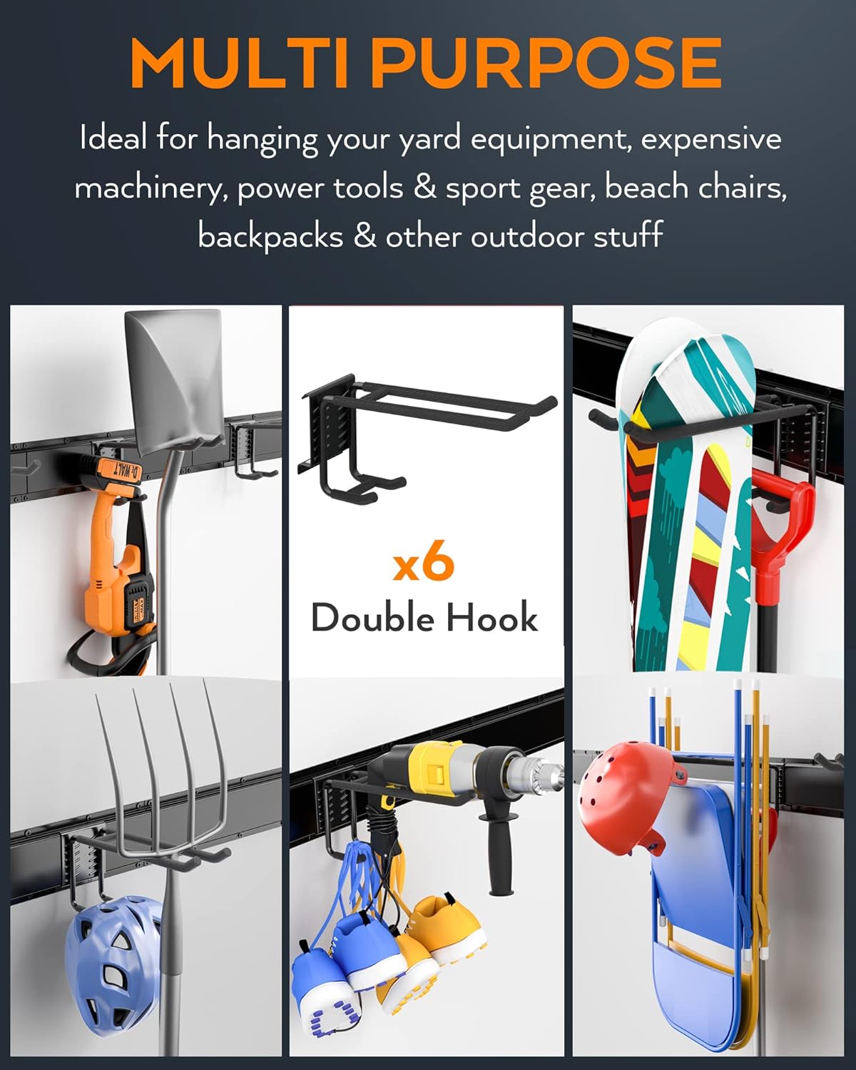 INCLY Garage Storage, Wall Mounted Garden tool Organizer Systems, 48 Inch Heavy Duty Tool Storage Rack for Garage Wall with 6 Adjustable Hooks and 3 Rails Pack of 2