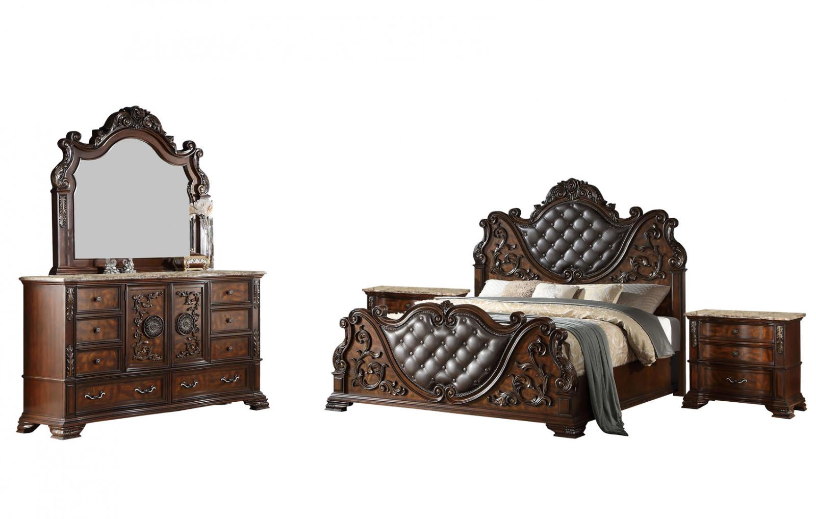 Cherry Finish Wood Queen Bed Set 5Pcs Traditional Cosmos Furniture Santa Monica