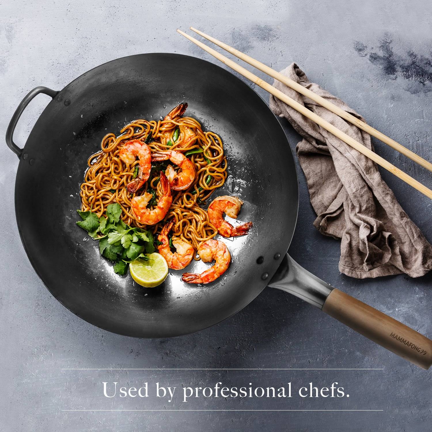 Flat Bottom Wok, Traditional Hand Hammered Wok, 14 inch Carbon Steel Chinese Pow Wok by Mammafong