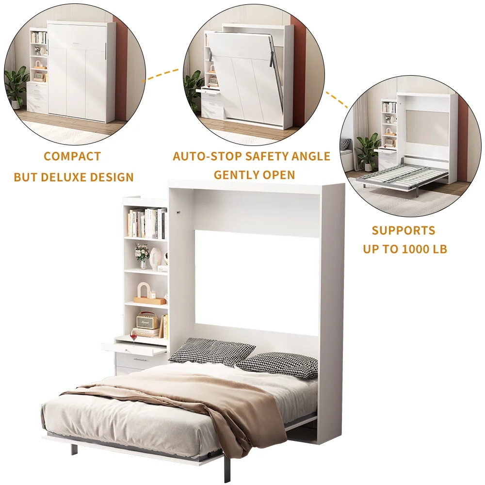 Full Size Vertical Murphy Bed with Shelf and Drawers for Bedroom or Guest room White Wall Bed Space Saving Hidden Bed Gas Struts (White)