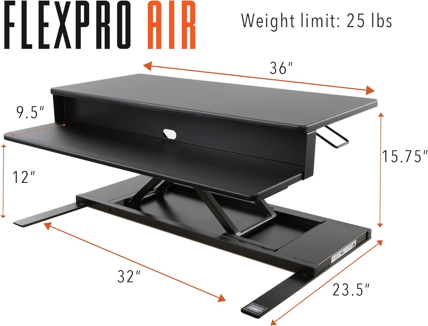 Stand Steady Flexpro Air | 36 Inch Premium Standing Desk Converter | Fully Assembled Sit to Stand Desk | Height Adjustable 2 Level Stand Up Desk Converter with Keyboard Shelf & Monitor Riser (Black)