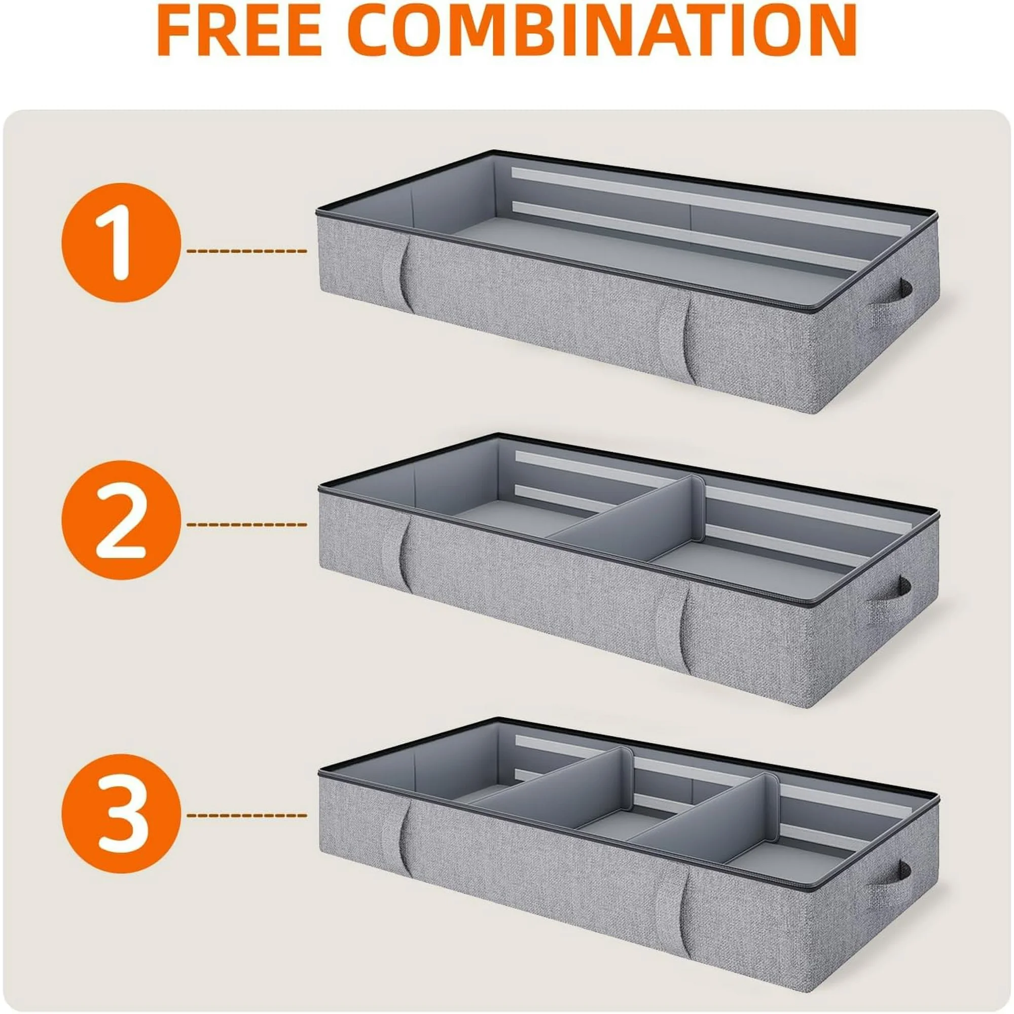 Under Bed Storage, 2 Pack Under Bed Storage Containers with Dividers, Firm Sides, Strong Zipper, 3 Reinforced Handles, 6 Inches Low Profile Underbed Storage Bins for Clothes, Blankets, Grey