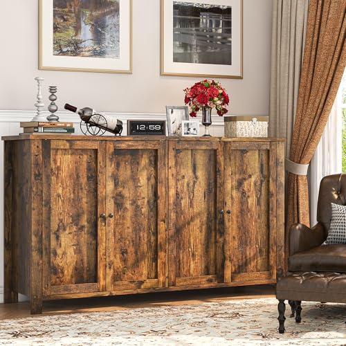 Buffet Cabinet with Storage Farmhouse Buffet Sideboard with 4 Doors, 55'' Large Kitchen Storage Cabinet Wood Coffee Bar Buffet Table for Kitchen, Dining Room, Entryway