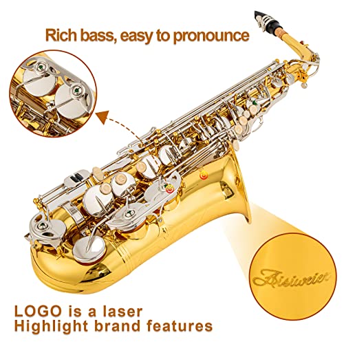 Black/gold keys E Flat Alto Saxophone Brass Engraved Eb E-Flat Natural White Shell Button Wind Instrument with Case Belt Brush (Black/gold keys)