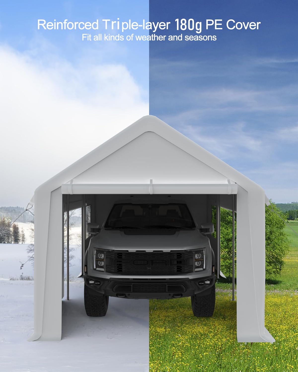 Carport 13'x20' Portable Garage, Heavy Duty Carport Canopy, Reinforced Steel Poles, 4 Roll-up Doors & 4 Windows, for Pickup, Boat, and Equipment, White