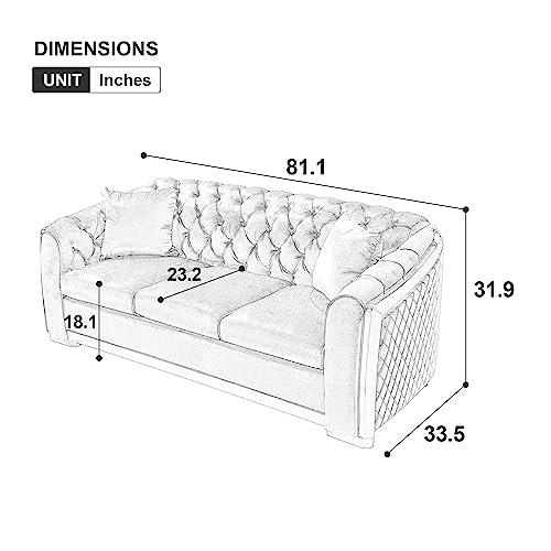 WILLIAMSPACE 81.1" Tufted Velvet Sofa Couch for Living Room, 3 Seater Button Sofa with Stainless Steel Gold Plating Decoration, Comfy Soft Upholstered Couch with 2 Pillows - Blue