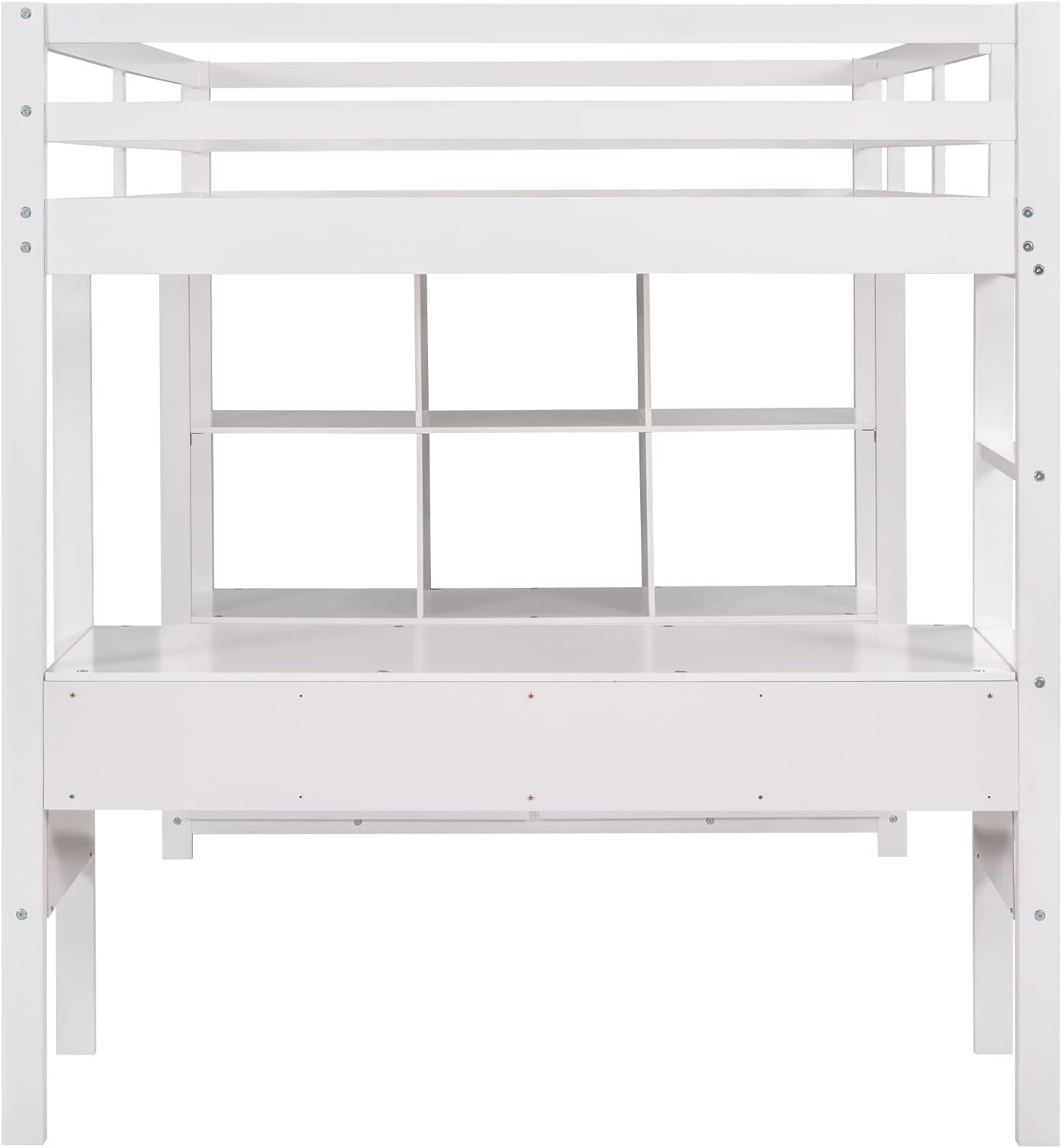 Full Size Loft Bed with Built-in Desk, Space Saving Loft Bed with Two Drawers, Storage Shelves and Drawers, Multifunctional Wooden Loft Bed for Kids Teens (White-Shelves and Drawers)