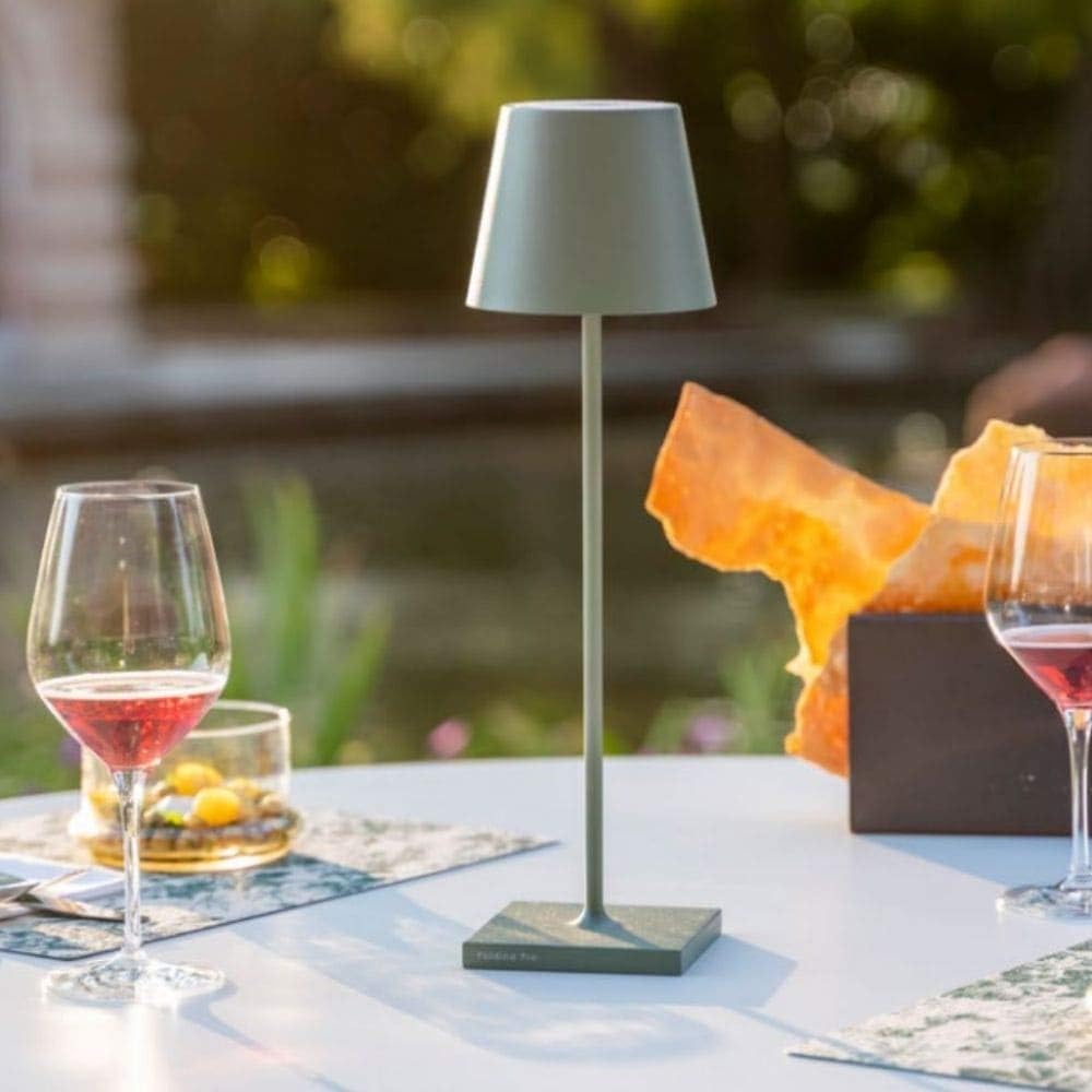 Zafferano Poldina Pro LED Table Lamp (Color: BORDEAUX) Touch On/Off, Touch Dimmable, Powder Coated Aluminum, IP54 Protection, Indoor / Outdoor, Contact Charging Base, USA Plug