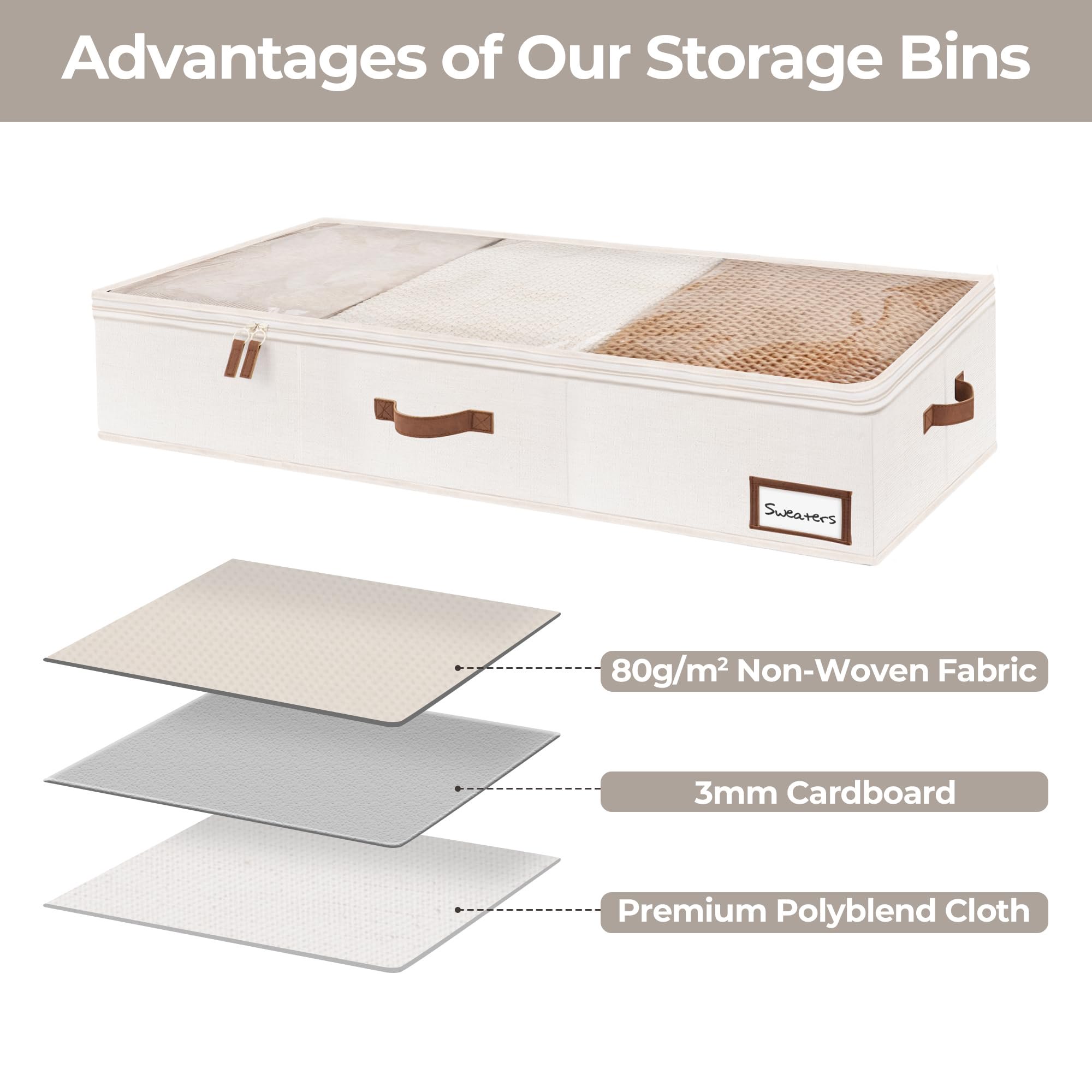 Foldable underbed storage bins, 2 pack fabric organizers with label holder, extra thick for clothes blankets shoes, easy carry handles, beige