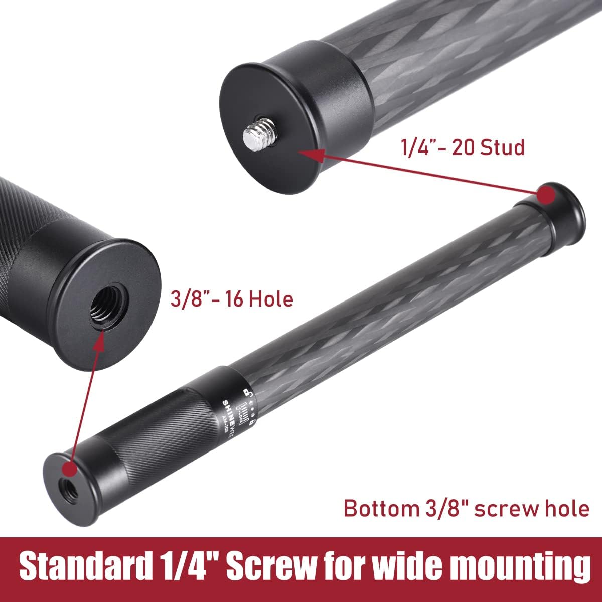 Carbon Fiber Extension Pole,Fast Twisting Lock 4 Section Tube,1/4 Screw Mount Compatible with Camera Phone Gimbal Video Stablizer,Lightweight Camera Stick for Photography