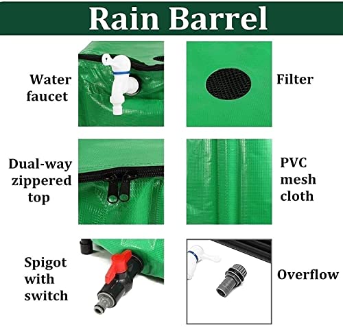 QIANMEI Collapsible Rain Barrel Collapsible Rain Barrel Kit, Flexible Water Tank, PVC Coated Cloth Cylinder Large Diameter Easy to Store with Zipper Lid, Filter Mesh, Outlet Valve