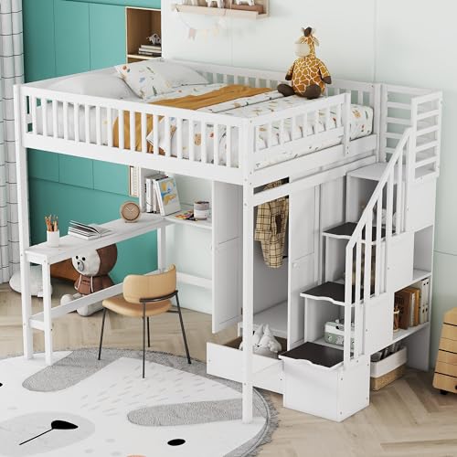 Full Size Loft Bed with Wardrobe Desk Storage Stairs, Wood Loft Bed Frame with Bookcase and Drawers, High Loft Bedframe for Kids Teens Adults, No Box Spring Needed, Espresso