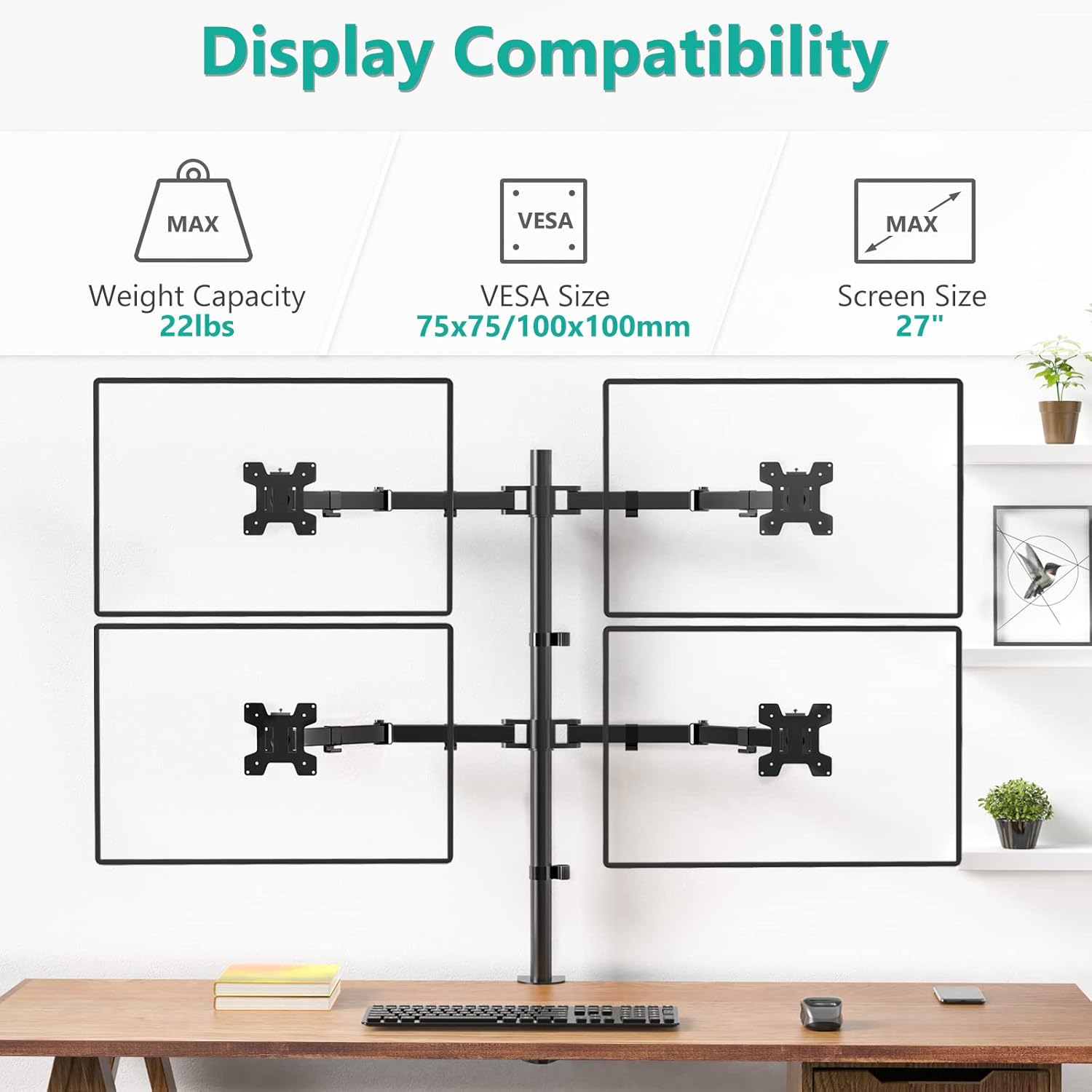 WALI Quad Monitor Stand, 4 Monitor Stand Fits Heavy Duty Computer Screen up to 27 inch, Full Adjustable Desk Mount Holds up to 22 lbs per Arm (M004), Black Pack of 2