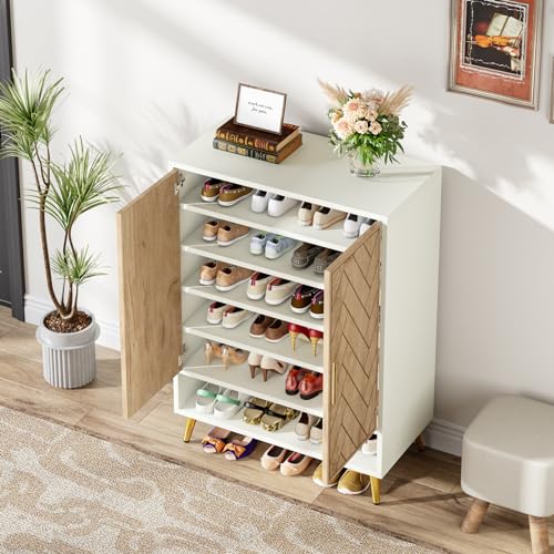 Tribesigns Shoe Cabinet with Doors, 6-Tier 24 Pairs Shoe Storage Cabinet for Entryway, Wooden Entryway Shoe Cabinet with Adjustable Shelves for Living Room, Bedroom (Brown)