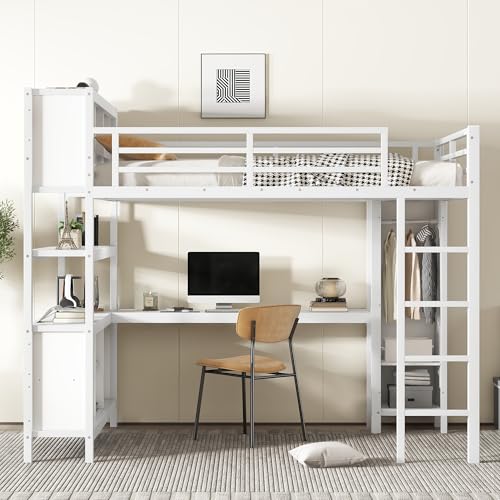 Linique Metal Loft Bed with Wardrobe & L-Shaped Desk - Sturdy Space-Saving Loft Bed Includes Storage Cubes, Shelves for Kids, Teens, Adults (White, Queen)